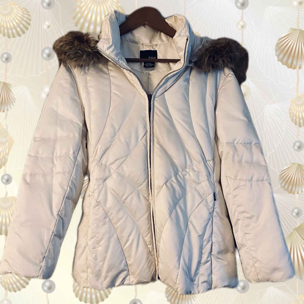 Women’s ANA Platinum White Quilted Down Puffer Hooded Coat Jacket XL Petite